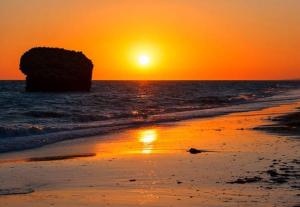 einen Sonnenuntergang am Strand mit einem Felsen im Wasser in der Unterkunft Hostal Tamarindos in Matalascañas