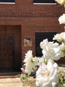 um ramo de flores brancas em frente a um edifício de tijolos em Casa Rural Alaejos em Alaejos
