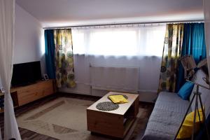 - un salon avec un canapé et une fenêtre dans l'établissement Apartament Górnicza w Kowarach, à Kowary