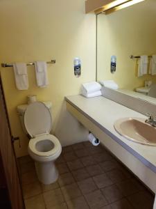 a bathroom with a toilet and a sink and a mirror at Galleon House Hotel in Charlotte Amalie