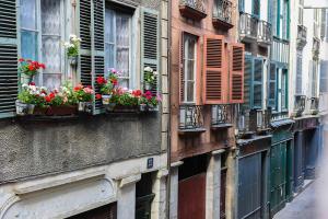 a narrow street with windows and flowers in boxes at Bayonne en plein cœur Centre Historique 2 chambres in Bayonne