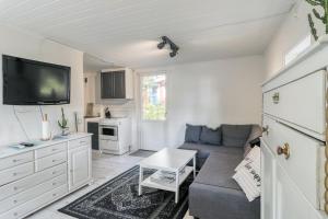 a living room with a couch and a tv at Lake cottage near Isaberg in Åsenhöga