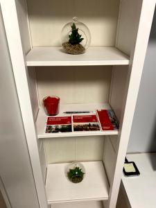 a book shelf with books and plants in a refrigerator at Vilnius central studio apartment in Vilnius