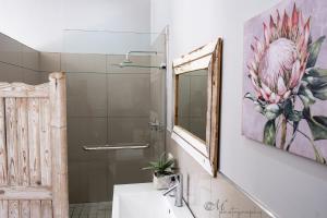 a bathroom with a shower and a sink and a mirror at @Mango's in Beaufort West