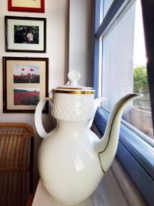 Weida的住宿－charmantes Apartment Siebenschläfer über Café 7，坐在窗边桌子上的白色花瓶