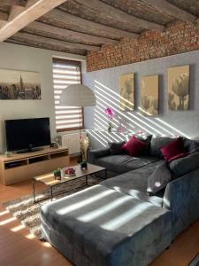 sala de estar con sofá y TV en Green Lodges en Blaregnies