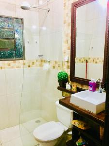 Un baño con inodoro, ducha y lavabo. en MEU PEDACINHO DO CÉU um lugar para se desconectar, en São Francisco Xavier
