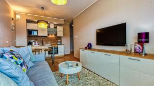 - un salon avec un canapé et une grande télévision dans l'établissement Apartament Górska Przystań - 5D Apartamenty, à Szklarska Poręba