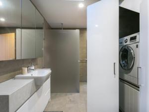 拉伊的住宿－黑麥漂流木公寓，一间带水槽和洗衣机的浴室