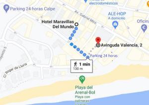 a map of a beach with a red dot at Hotel Maravillas del Mundo in Calpe