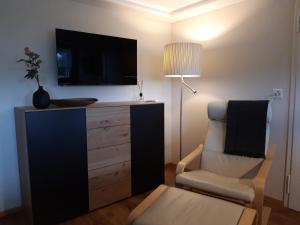 sala de estar con silla y TV de pantalla plana en Appartement Säntisblüte, en Rehetobel