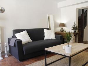 Sala de estar con sofá negro y mesa de centro en Le relais de la maison Bacou, en Carcassonne