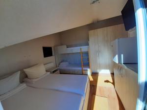 パルティニシュにあるPensiunea Casianna & Spaのベッド2台、冷蔵庫が備わる小さな客室です。