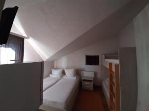 a bedroom with two beds in a room with a sloped ceiling at Pensiunea Casianna & Spa in Păltiniş