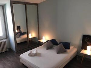 カルカソンヌにあるcite 4 Maison Bacouのベッドルーム(鏡付きの大きな白いベッド1台付)
