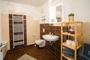 a bathroom with a sink and a toilet and a mirror at ***Gemütliches Apartment im Zentrum-West*** in Leipzig +24 photos