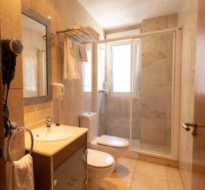 La salle de bains est pourvue de toilettes, d'un lavabo et d'une douche. dans l'établissement Hotel Apartamentos Ciudad de Lugo, à Lugo