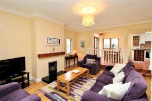 a living room with purple furniture and a fireplace at Faithlegg House Hotel Holiday Lodge in Waterford