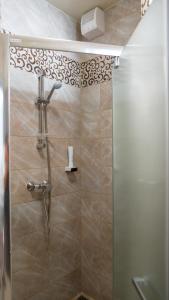 a shower with a glass door in a bathroom at Főnix Apartman in Lenti
