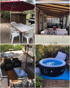 a collage of four pictures with a hot tub and an umbrella at Mobile-home aux Cigales,Le Muy Colorado 4-6 Personnes in Le Muy