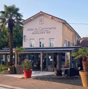 un hotel au compar bar restaurante con una palmera en Hotel du Commerce, en Châtillon-sur-Chalaronne