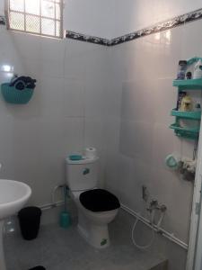 特萊姆森的住宿－Joli Chalet plain-pied avec jardin privatif，白色的浴室设有卫生间和水槽。