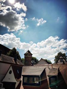 uma vista para um telhado de uma casa com uma torre em Schwarzer Adler em Michelstadt