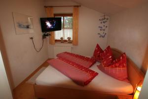 バート・ホーフガシュタインにあるAppartementhaus Salzmannの赤い枕とテレビ付きのベッドが備わる客室です。