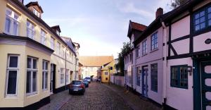 Une allée avec des voitures garées dans une rue avec des bâtiments dans l'établissement Admiralskoje direkt am Hafen, à Flensbourg