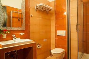 a bathroom with a toilet and a sink and a shower at Hotel Meteoritis in Kalabaka