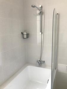 a bathroom with a bath tub with a shower at Apartamenty Jana in Katowice