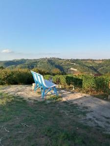 un banco azul sentado en la parte superior de un campo en Il Giardino di Mai Exclusive B&b, en Montabone
