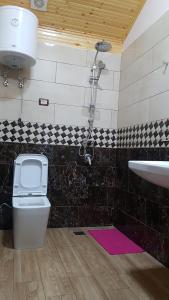 uma casa de banho com um chuveiro, um WC e um lavatório. em Guest house RIREYIANA em Tamarë