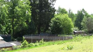 a fence in a field with trees in the background at Kutscherhaus am Weiher in Hundsdorf