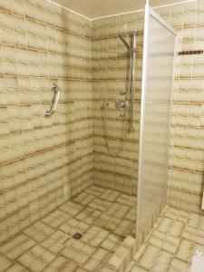 um chuveiro com uma porta de vidro na casa de banho em Gemütliche Ferienwohnung mit Kamin und Sauna! em Nistertal