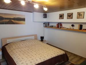 um quarto com uma cama e uma prateleira na parede em Gemütliche Ferienwohnung mit Kamin und Sauna! em Nistertal