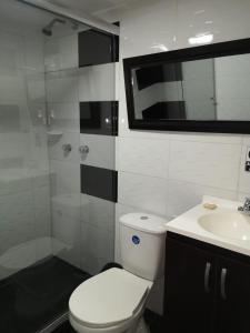 a bathroom with a white toilet and a sink at Hotel Santiago Plaza in Bogotá