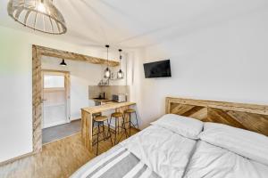 1 dormitorio con 1 cama y cocina con encimera en Apartament Turbacz, en Klikuszowa