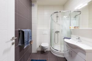 a bathroom with a shower and a toilet and a sink at APARTMANI DOLINA SUNCA in Mostar +34 photos