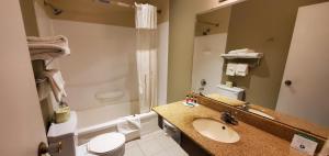 a bathroom with a sink and a toilet and a shower at Grand Forks Inn in Grand Forks