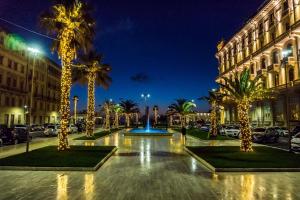 a street with palm trees and a fountain at night at Hotel Pardini in Viareggio