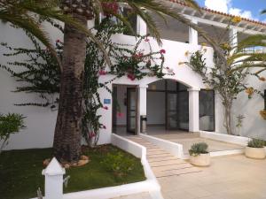 a white building with palm trees in front of it at Hotel Roca Bella in Es Pujols