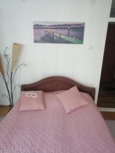 a bed with a pink blanket and a picture on the wall at Apartman Maja in Bijeljina