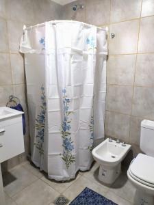 y baño con cortina de ducha y aseo. en Departamento Santo Tome centrico en Santo Tomé