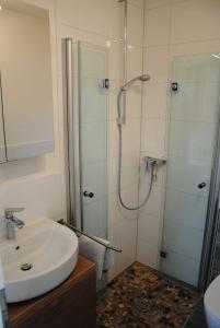 a bathroom with a sink and a shower at Ferienwohnung Wackerballig in Gelting