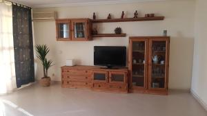 a television on a wooden cabinet in a living room at Piso para vacaciones en Alicante in Alicante