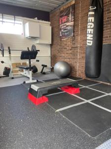 un gimnasio con un saco de boxeo en una habitación en Characteristic detached house next to water, en Zaandam