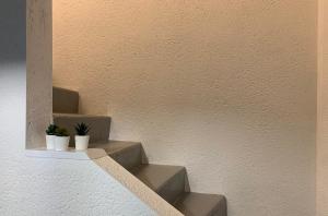 a set of stairs with two potted plants on them at Logement rénové et moderne au Sacré Coeur Cholet in Cholet