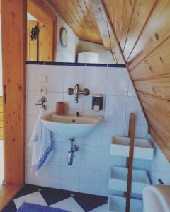 Habitación pequeña con baño con lavabo. en Chata Baračka, en Omšenie