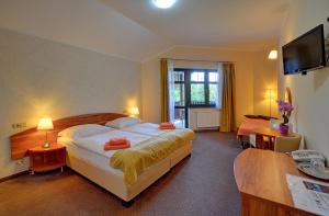 una habitación de hotel con una cama y un televisor en Pensjonat Olympia w Przesiece, en Przesieka